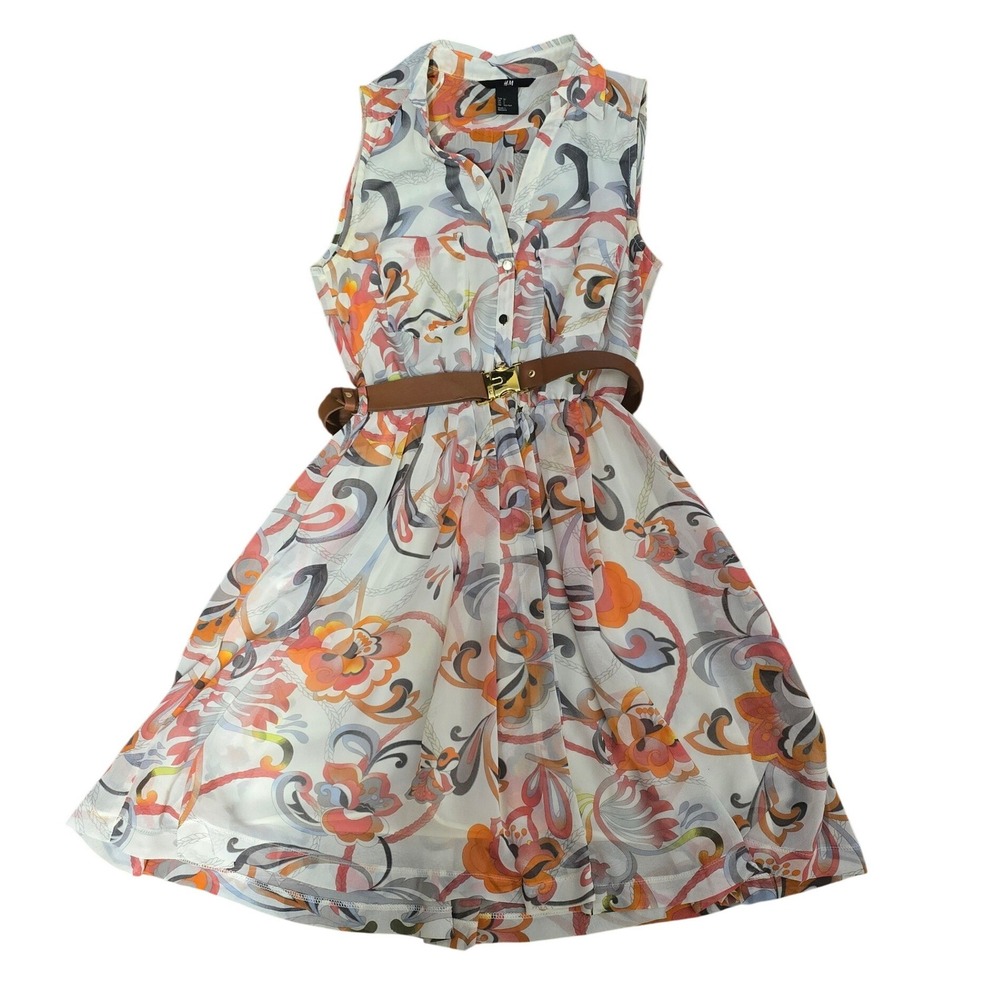 HM Sleeveless Shirt Dress Floral Paisley Boho Print Belted Multi Color Size 2
